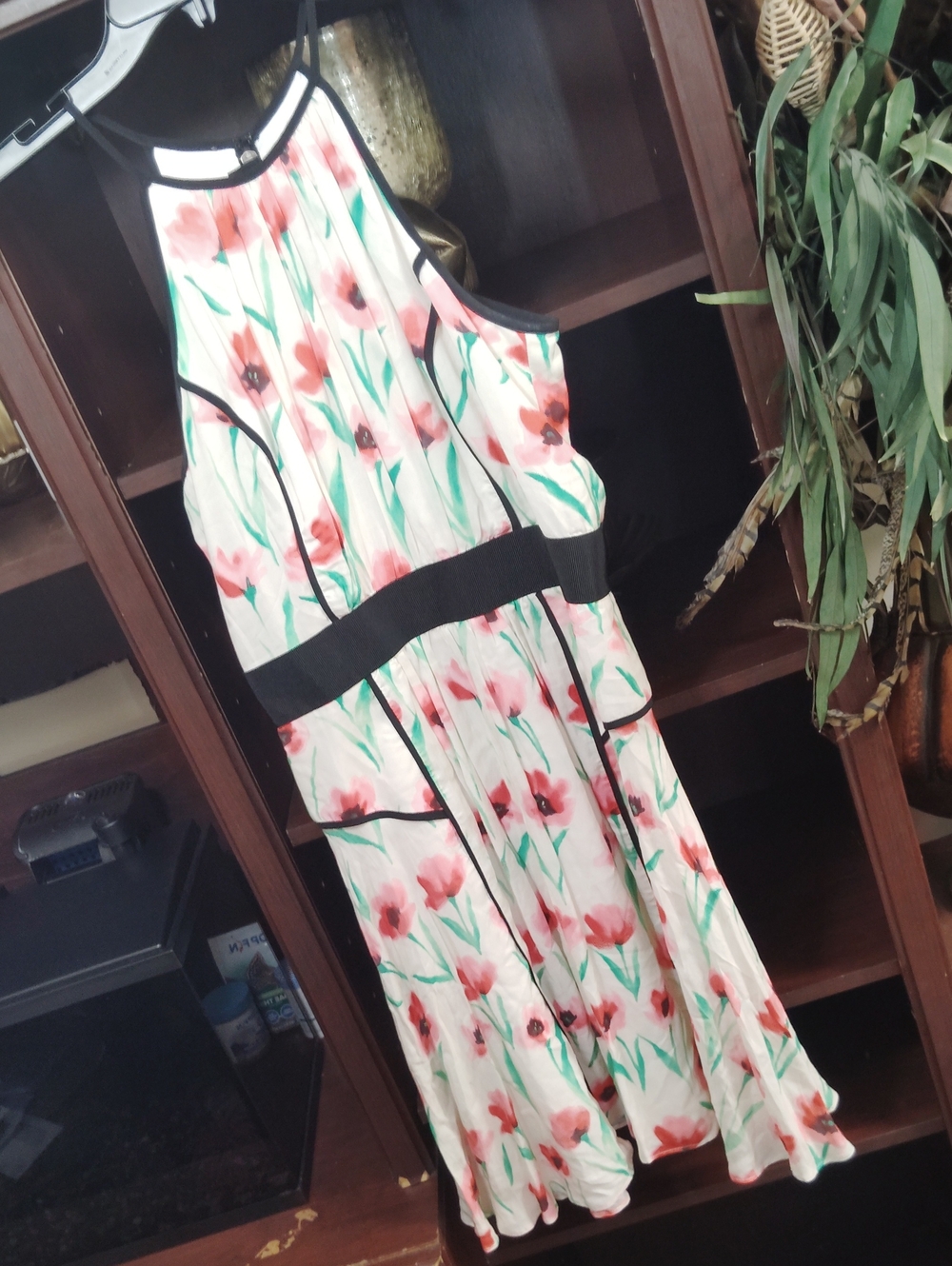 Milly of New York White Maxi Dress with Pink Floral Print and Black Trim